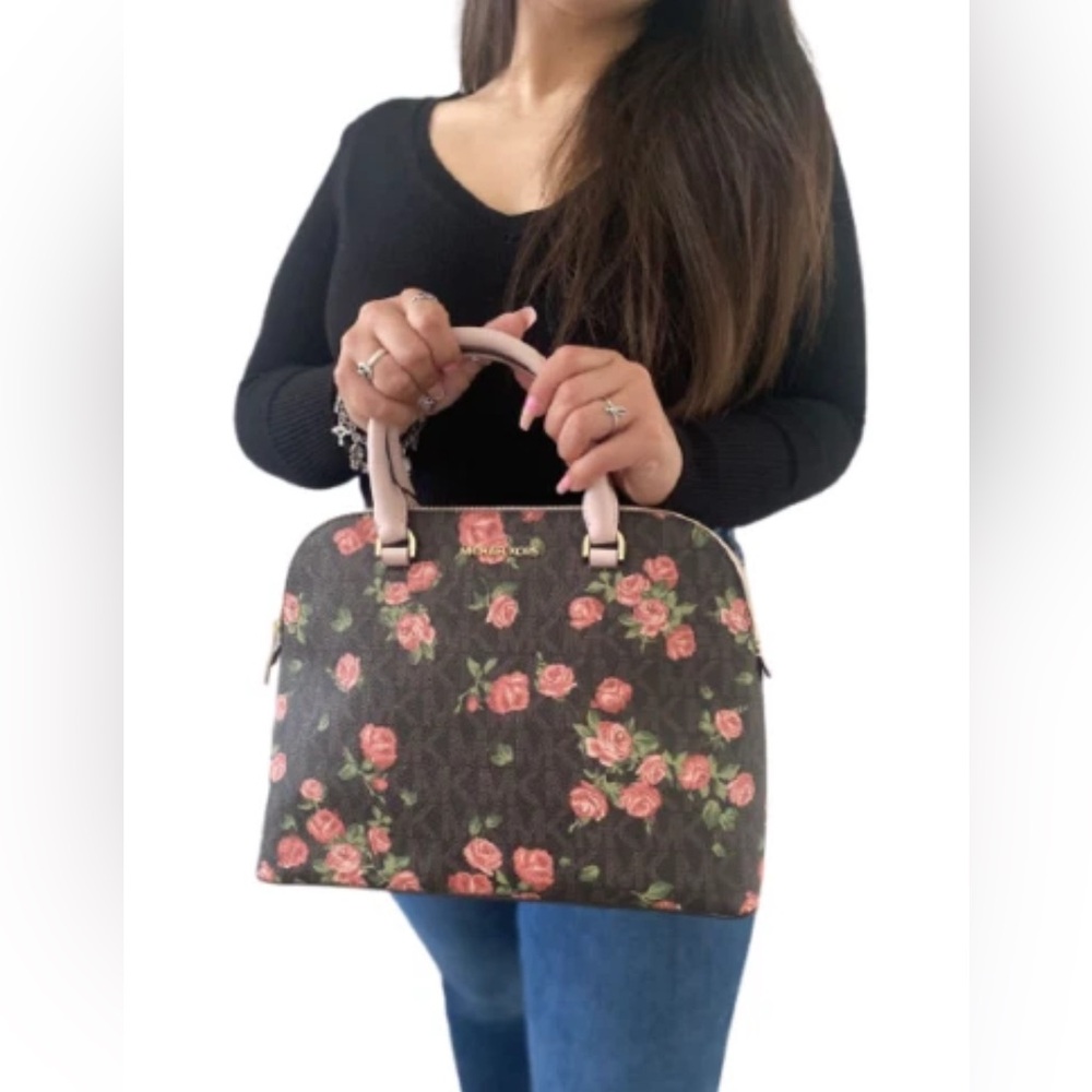 Michael Michael Kors  Rare Cindy Brown Multi Lg Dome With Roses  Print NWOT - Picture 4 of 12